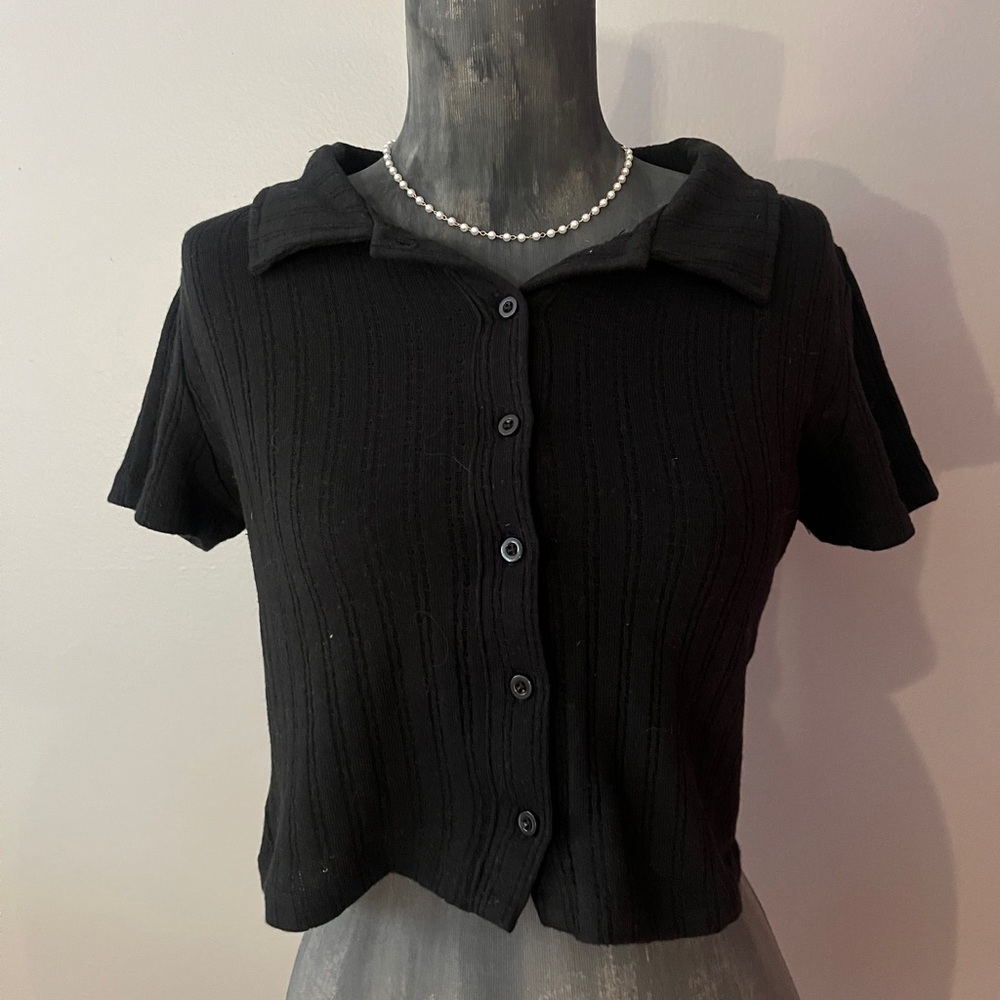 Black Ribbed Button-Up Women's Top